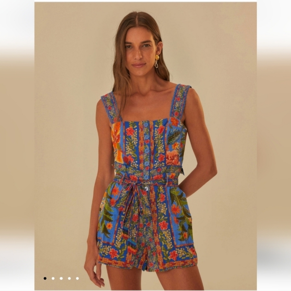 FARM Rio Blue Floral Printed Linen Blend Romper